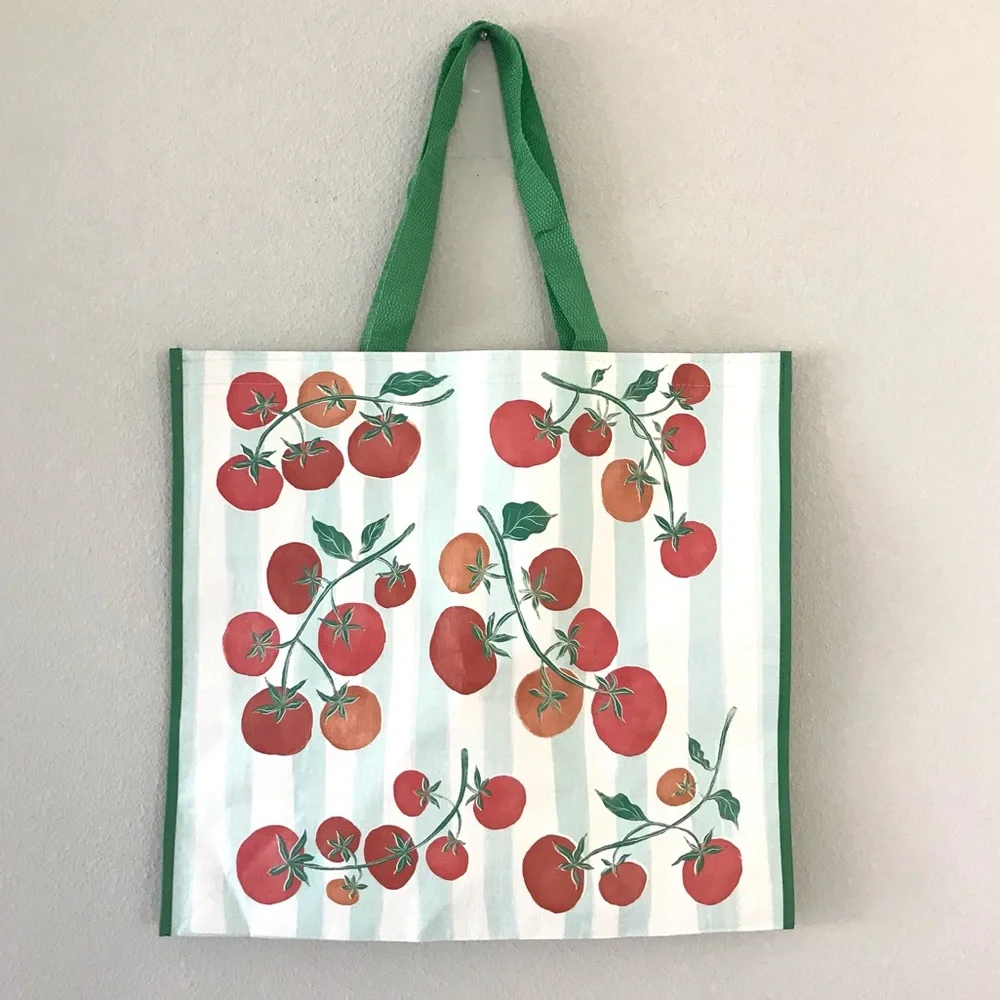 Tomato Print Reusable Shopper Tote Bag Green and Red